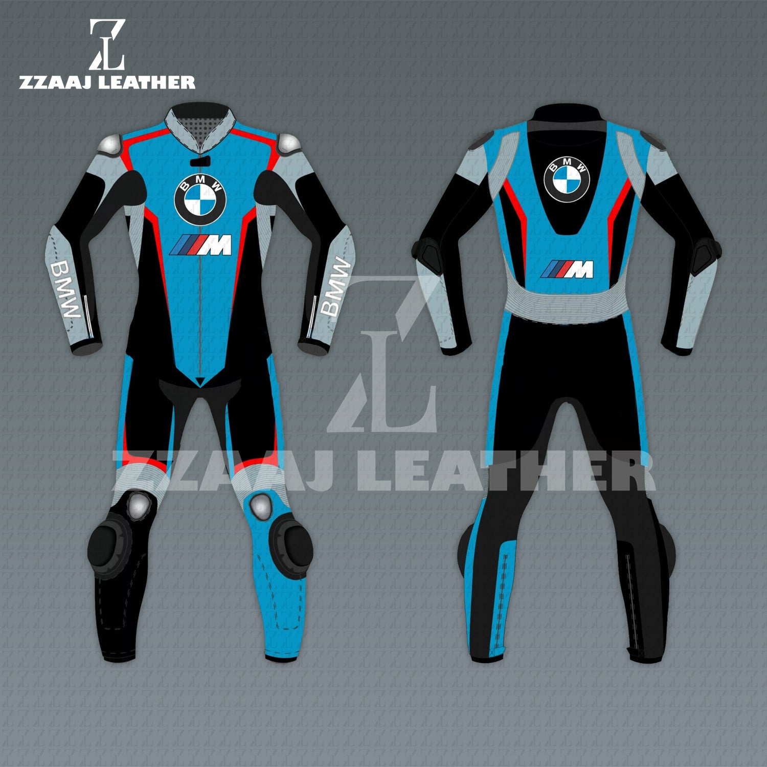 BMW M Racing Suit – blue black cowhide CE-approved MotoGP leather gear by ZZAAJ Leather