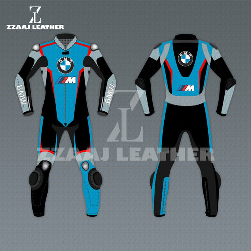 BMW M Racing Suit – blue black cowhide CE-approved MotoGP leather gear by ZZAAJ Leather