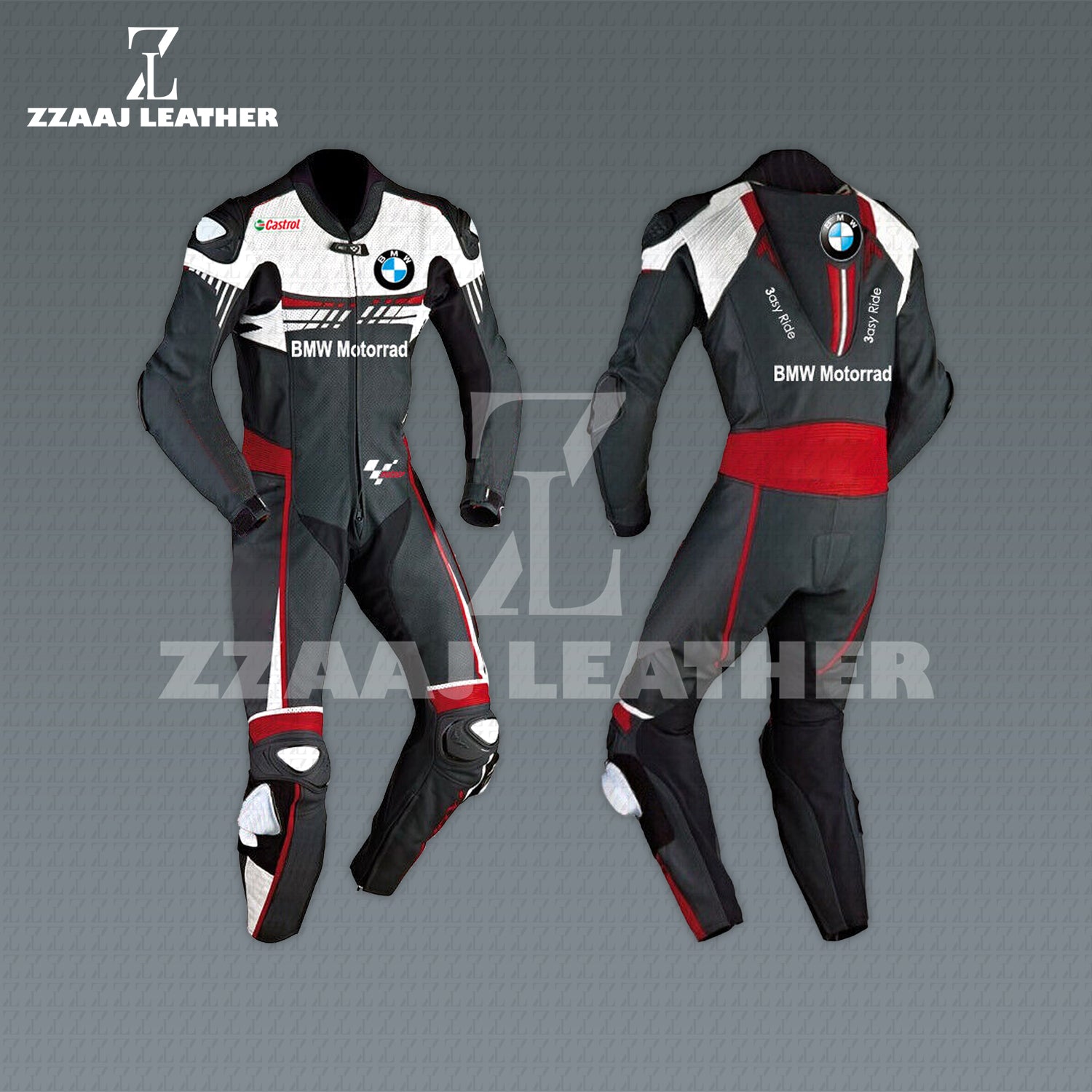 BMW Motorrad Leather Racing Suit – black white red cowhide CE-approved MotoGP one-piece by ZZAAJ Leather