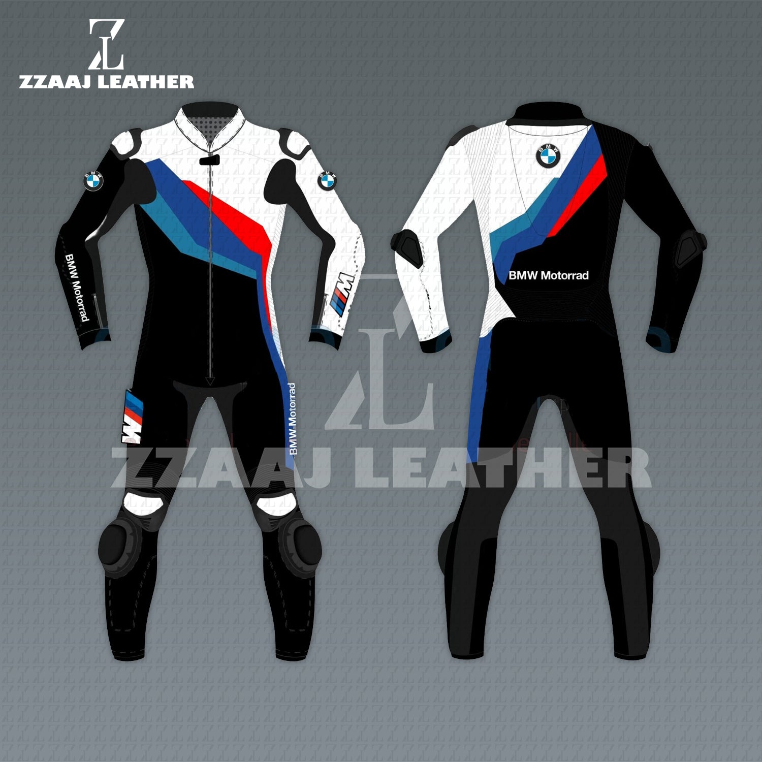 BMW Motorrad M Racing Suit – white black tricolor cowhide CE-approved MotoGP leather gear by ZZAAJ Leather