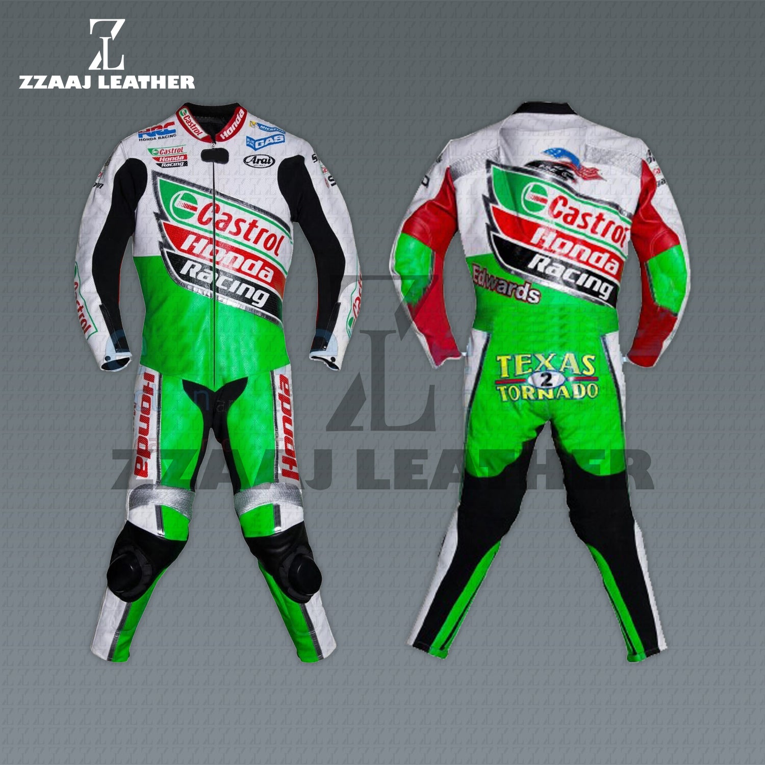 Castrol Honda Racing Suit – Texas Tornado Colin Edwards Edition green white leather MotoGP gear by ZZAAJ Leather