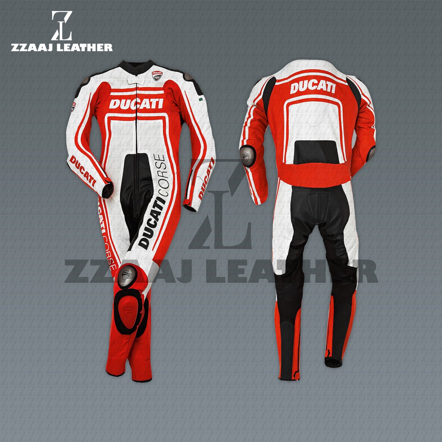 Ducati Corse Classic Red White Leather Racing Suit – CE-approved cowhide one-piece MotoGP gear by ZZAAJ Leather