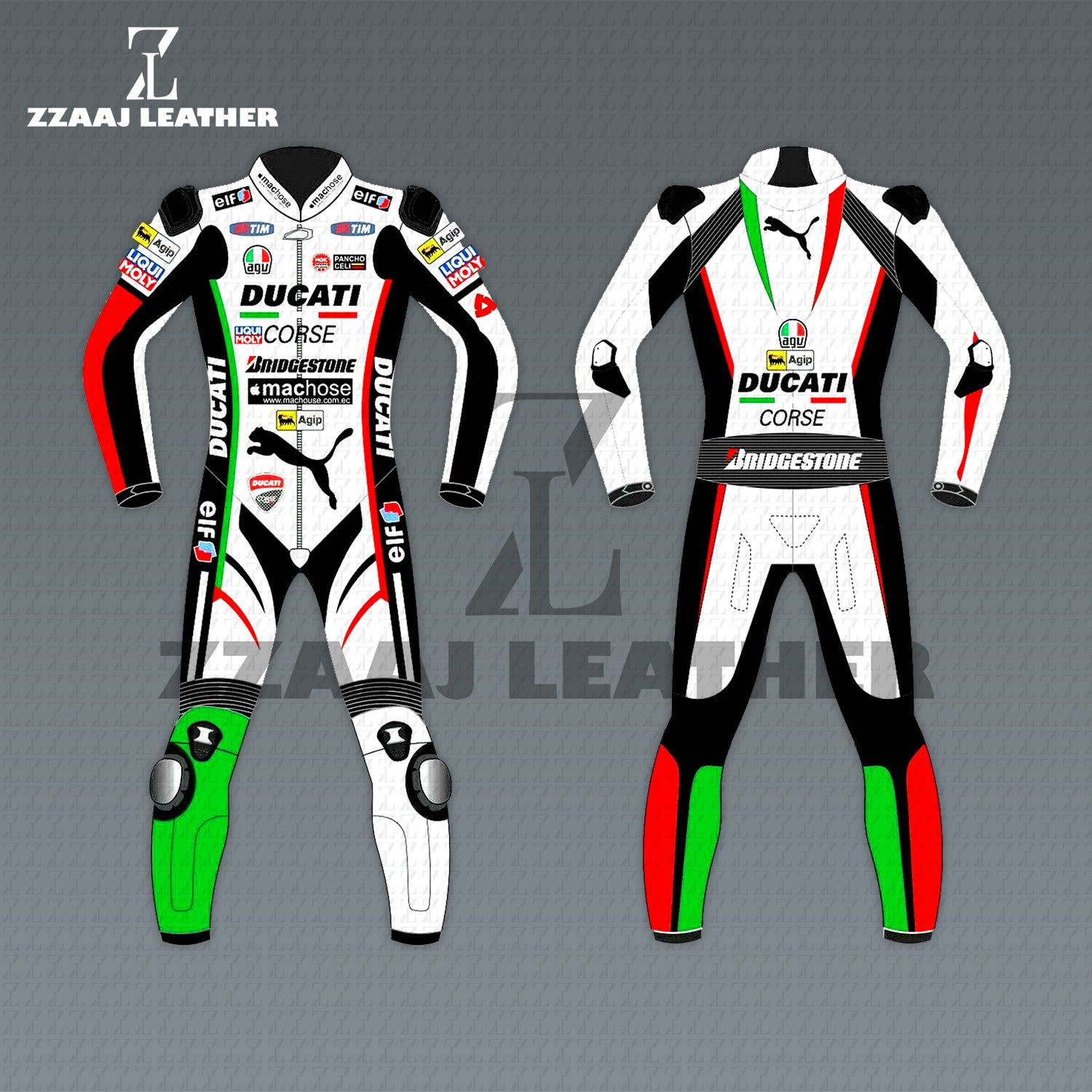 Ducati Corse Italy Edition Leather Racing Suit – white green red cowhide CE-approved MotoGP one-piece gear by ZZAAJ Leather