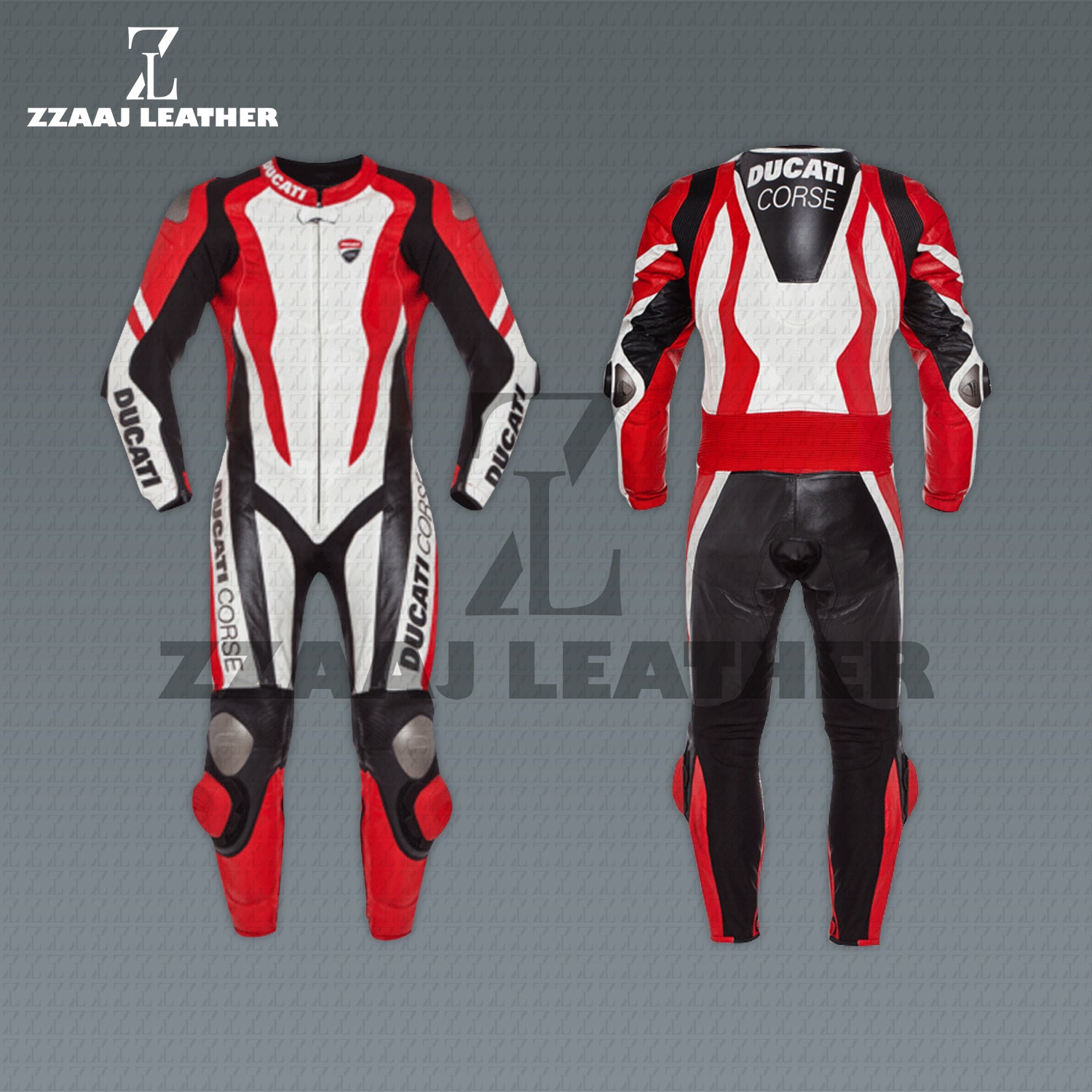 Ducati Corse Red White Racing Suit – MotoGP Leather Suit by ZZAAJ Leather