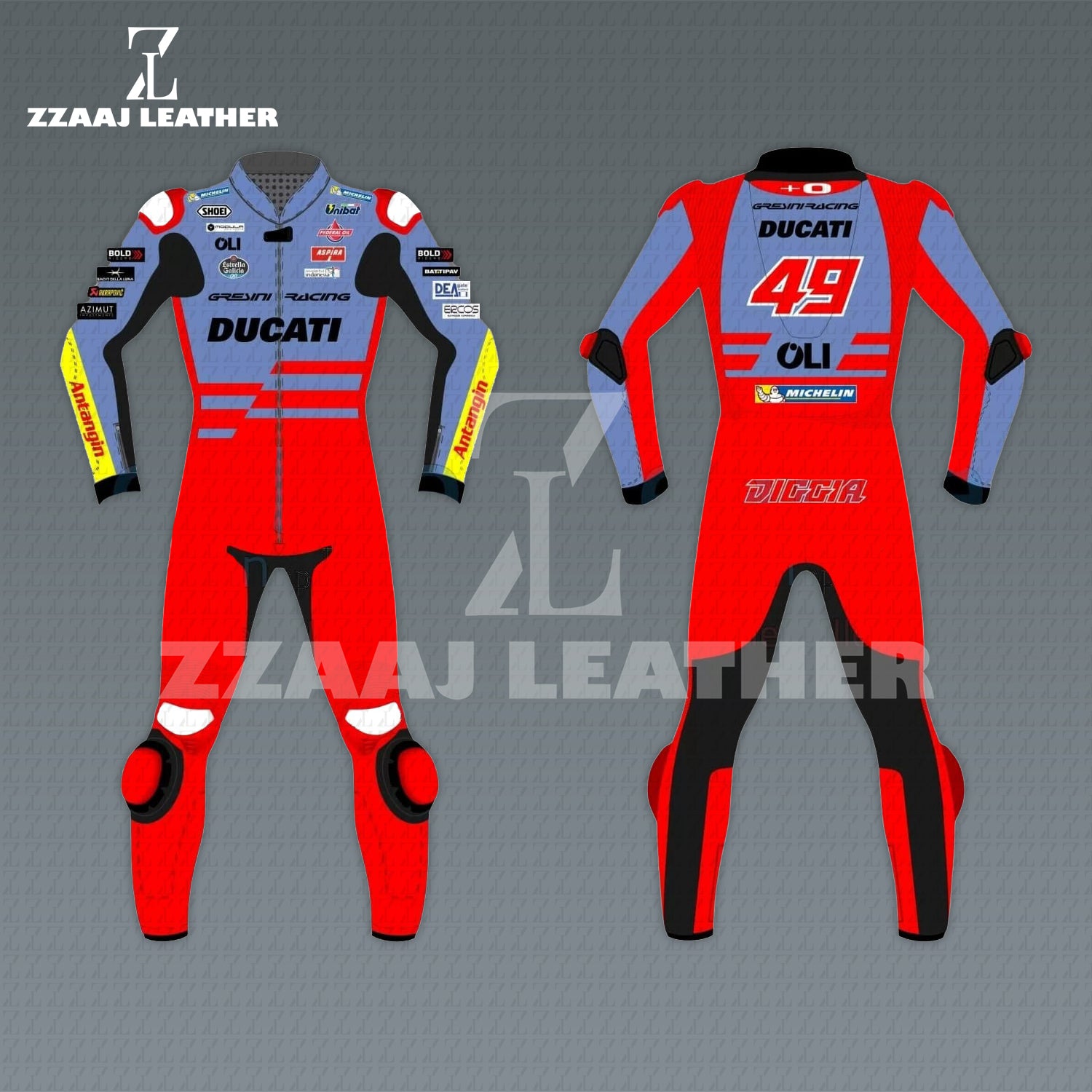 Ducati Gresini GP23 #49 Racing Suit – red blue cowhide CE-approved MotoGP leather gear by ZZAAJ Leather