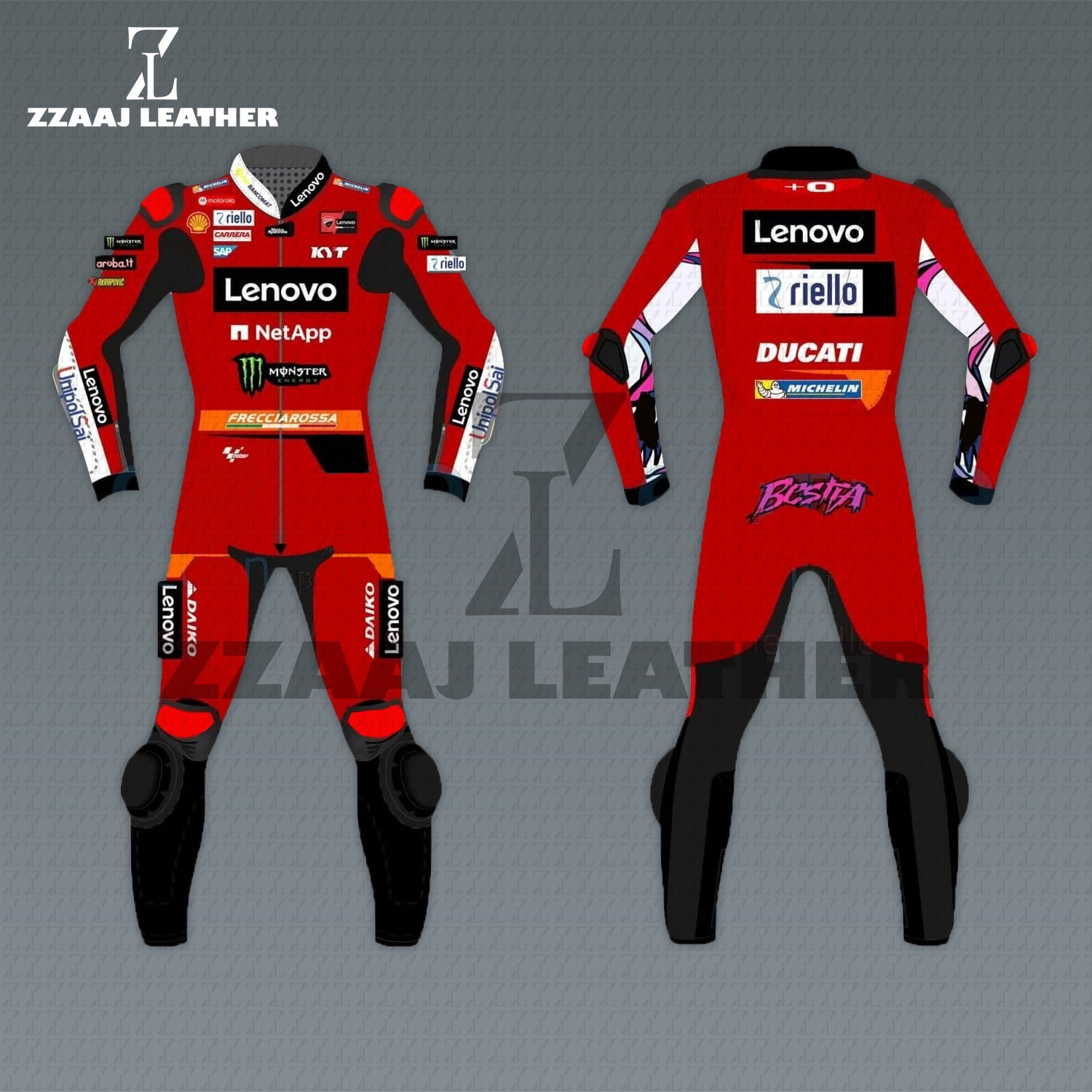 Ducati Lenovo Bastia MotoGP Racing Suit – red black cowhide CE-approved leather race suit by ZZAAJ Leather