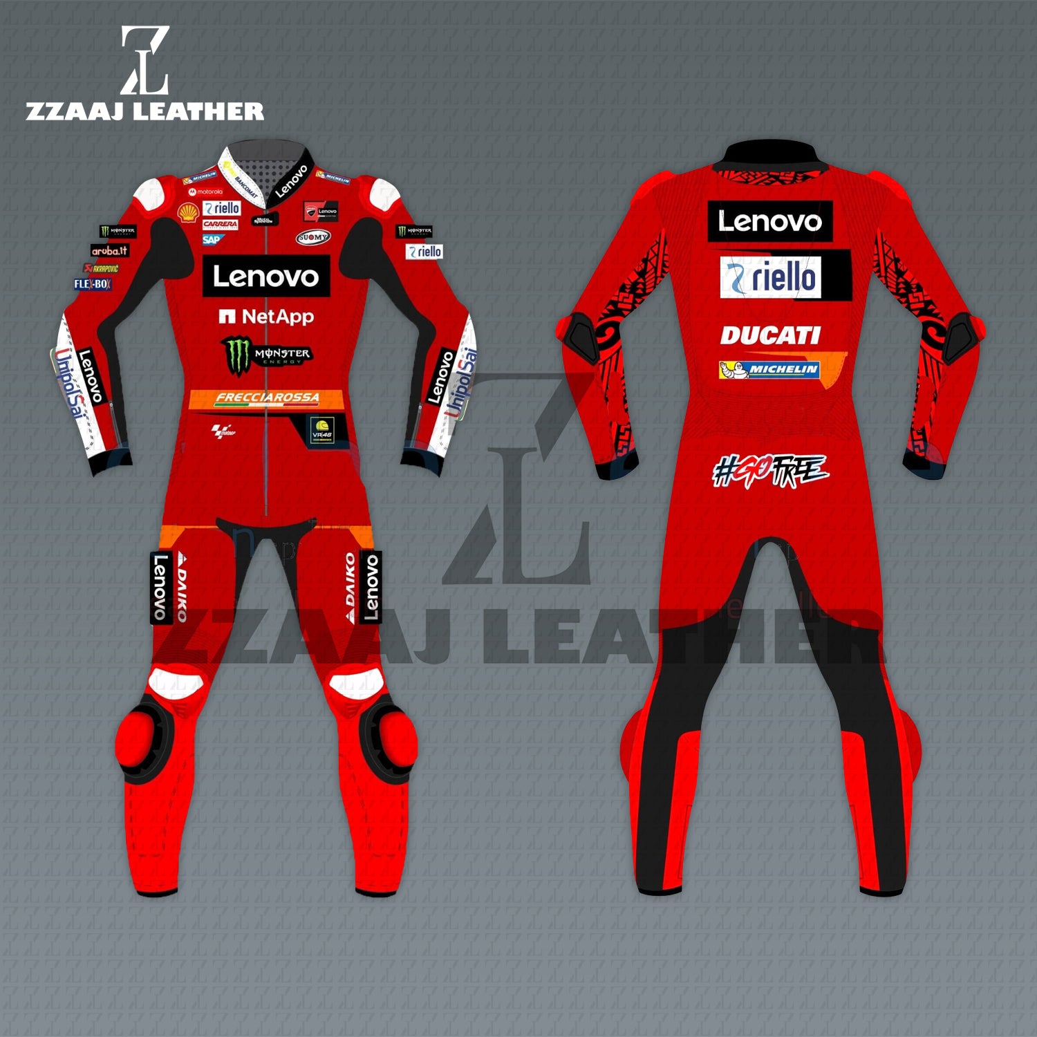 Ducati Lenovo MotoGP Racing Suit – red black leather CE-approved race suit by ZZAAJ Leather