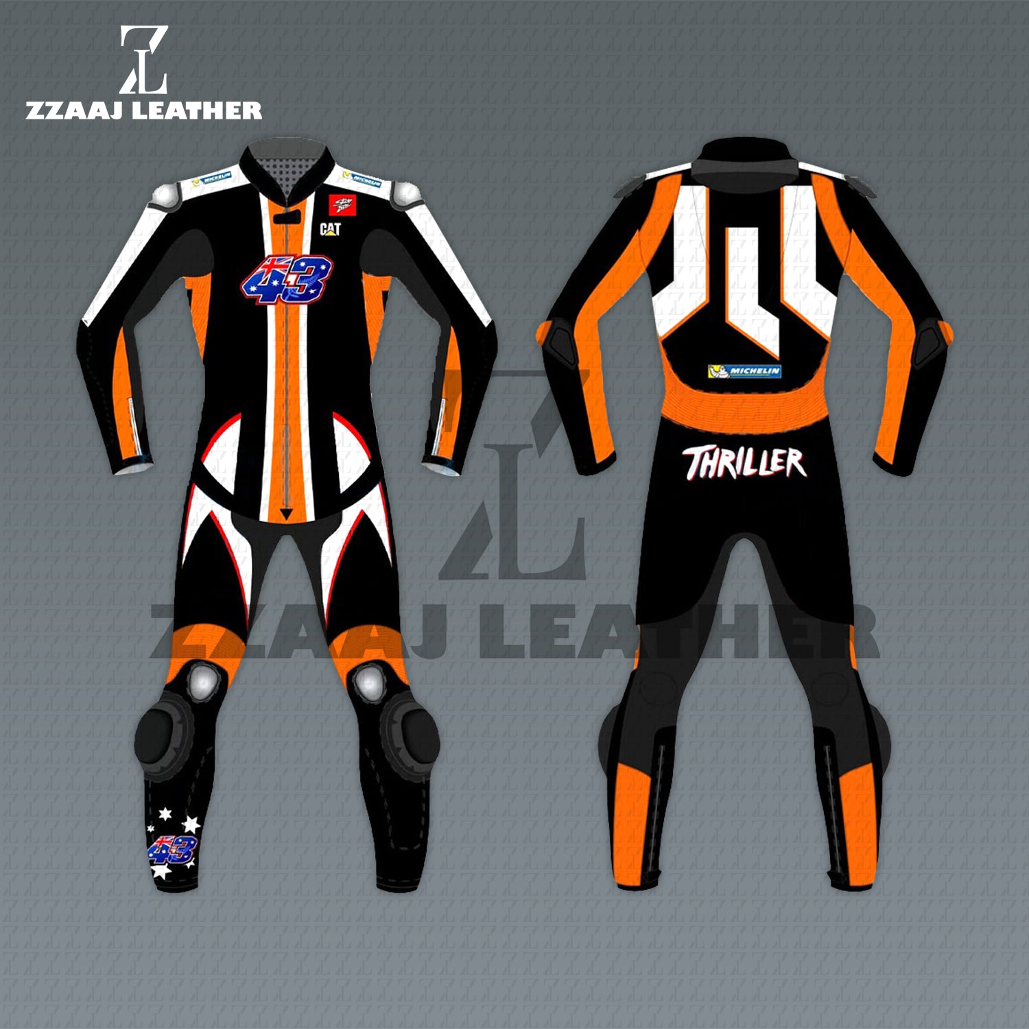 Ducati Thriller #43 Racing Suit – orange black white cowhide CE-approved MotoGP leather gear by ZZAAJ Leather