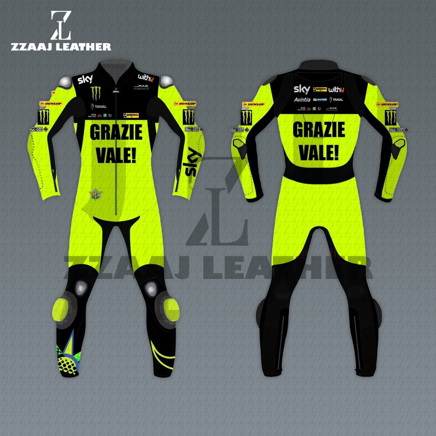 Grazie Vale VR46 MotoGP Racing Suit – yellow black Valentino Rossi tribute leather gear by ZZAAJ Leather