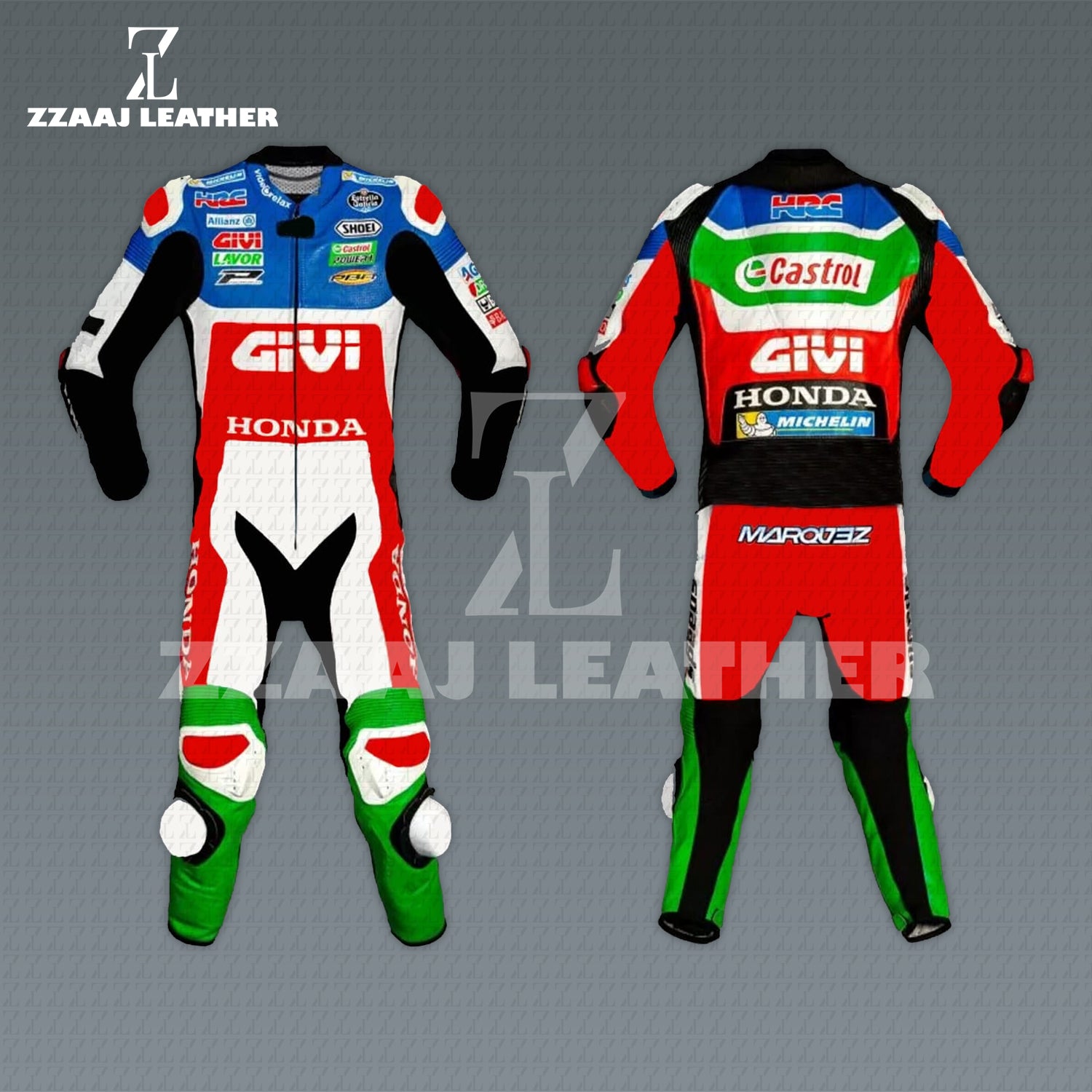 Honda GIVI Castrol Racing Suit – red white green cowhide CE-approved MotoGP one-piece leather suit by ZZAAJ Leather