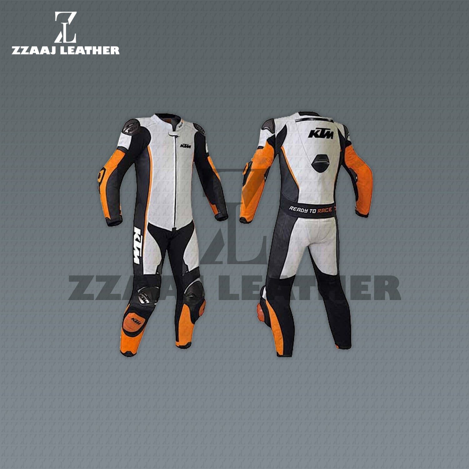 KTM Ready To Race Leather Suit – orange black white cowhide CE-approved MotoGP one-piece gear by ZZAAJ Leather