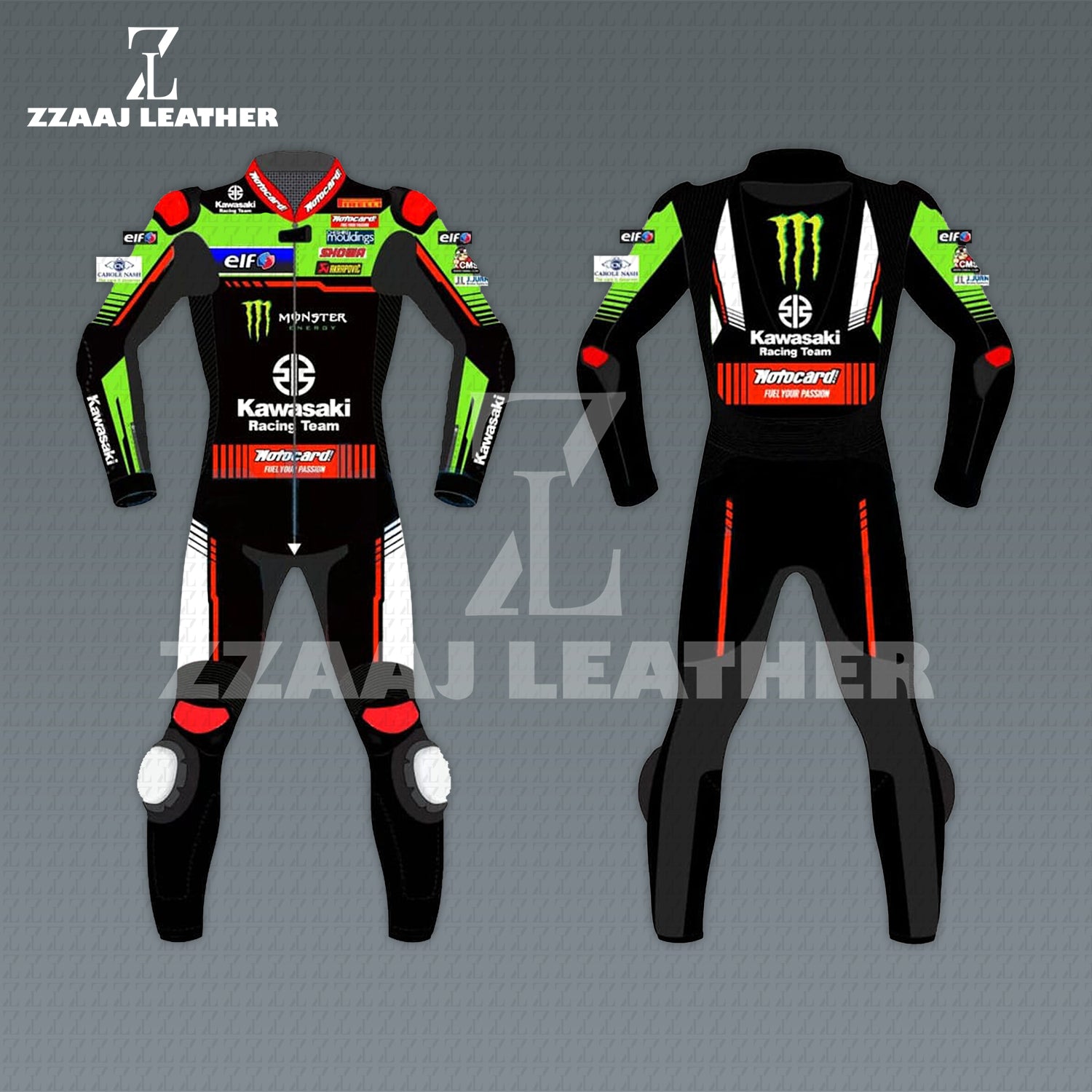 Kawasaki Monster Energy Racing Suit – black green red cowhide CE-approved MotoGP one-piece gear by ZZAAJ Leather