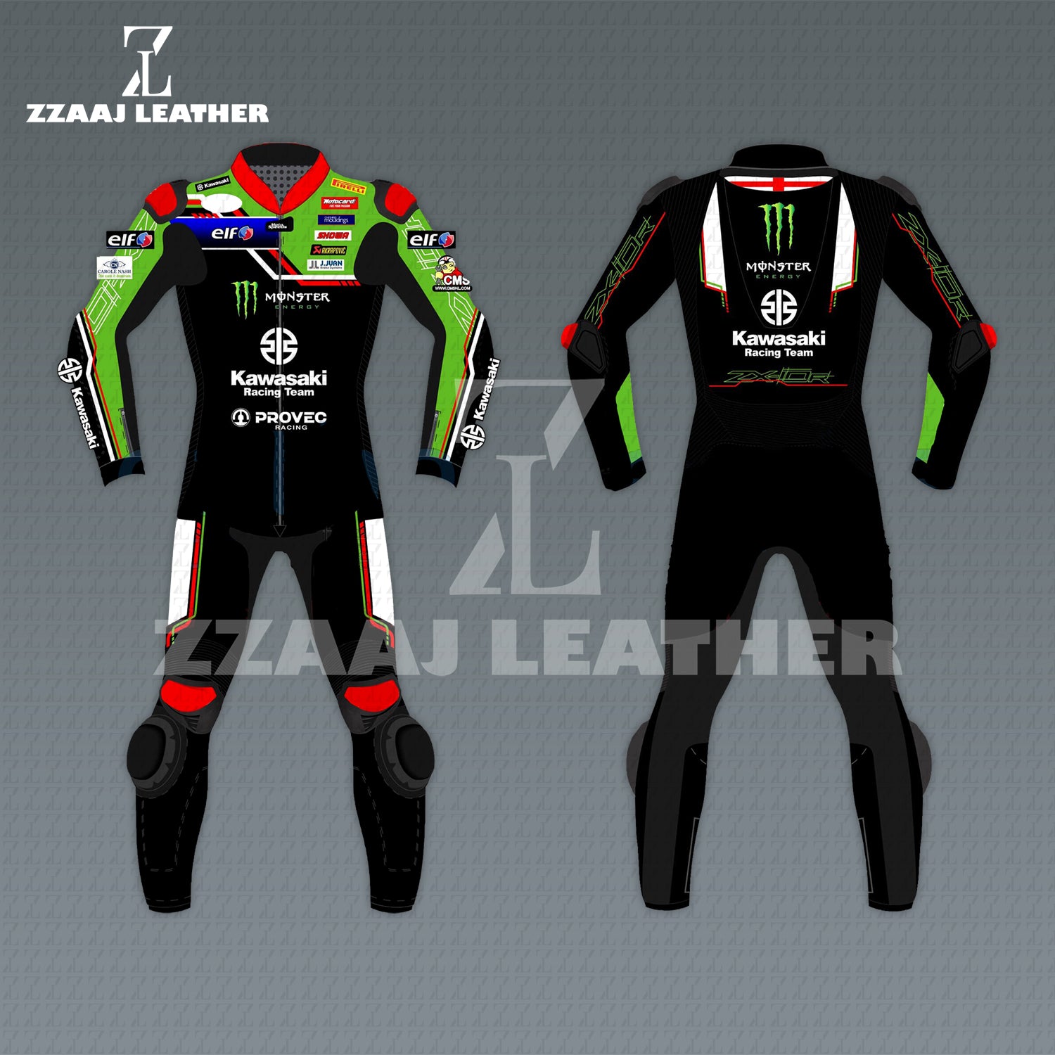 Kawasaki Monster Racing Suit – black green cowhide CE-approved MotoGP leather one-piece by ZZAAJ Leather
