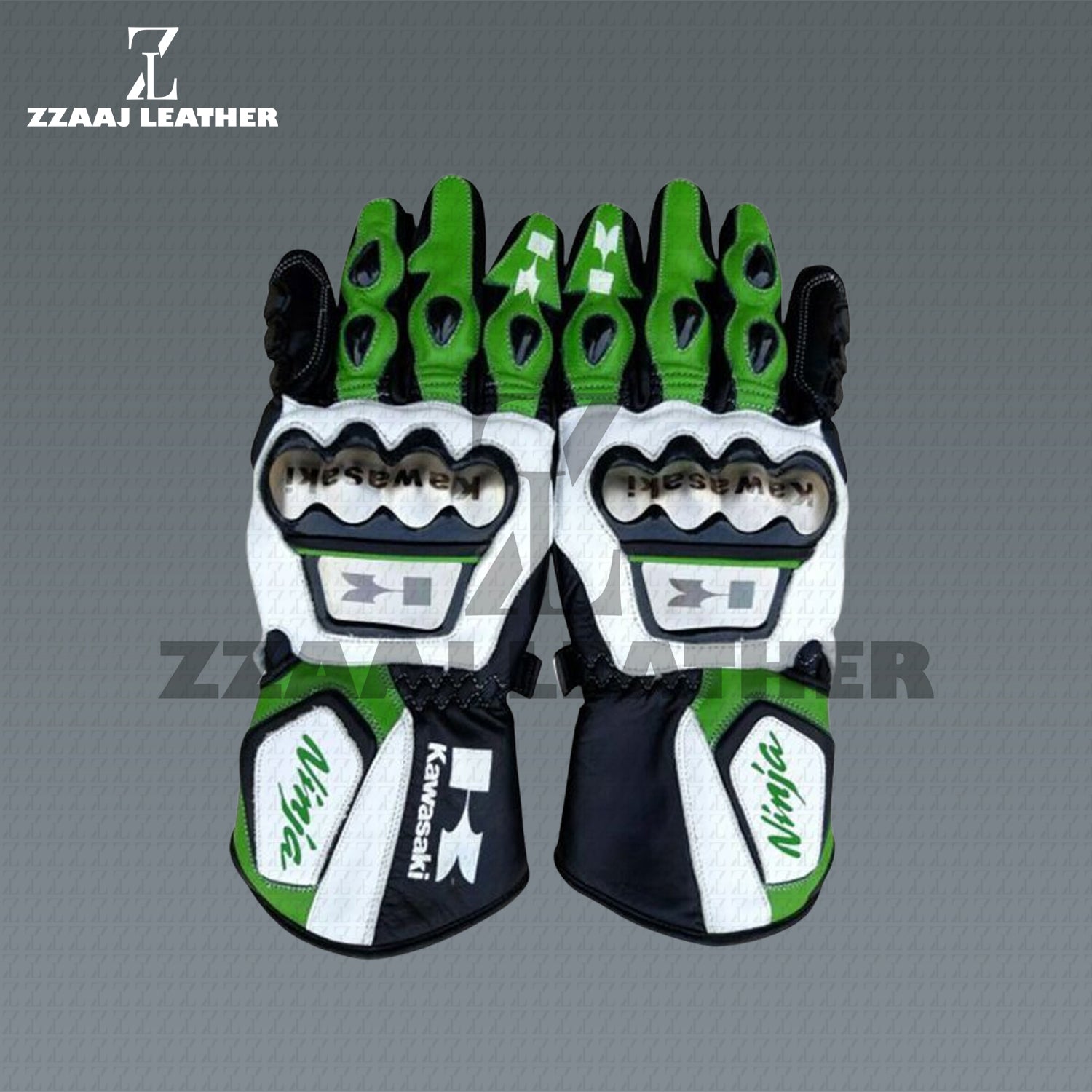 Kawasaki Ninja Leather Racing Gloves – CE Armored Motorbike Gloves by ZZAAJ Leather