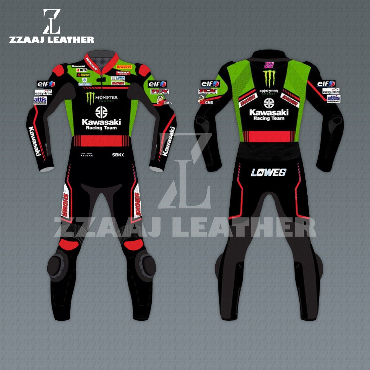 Kawasaki SBK Monster Racing Suit – black green red cowhide CE-approved MotoGP one-piece leather suit by ZZAAJ Leather
