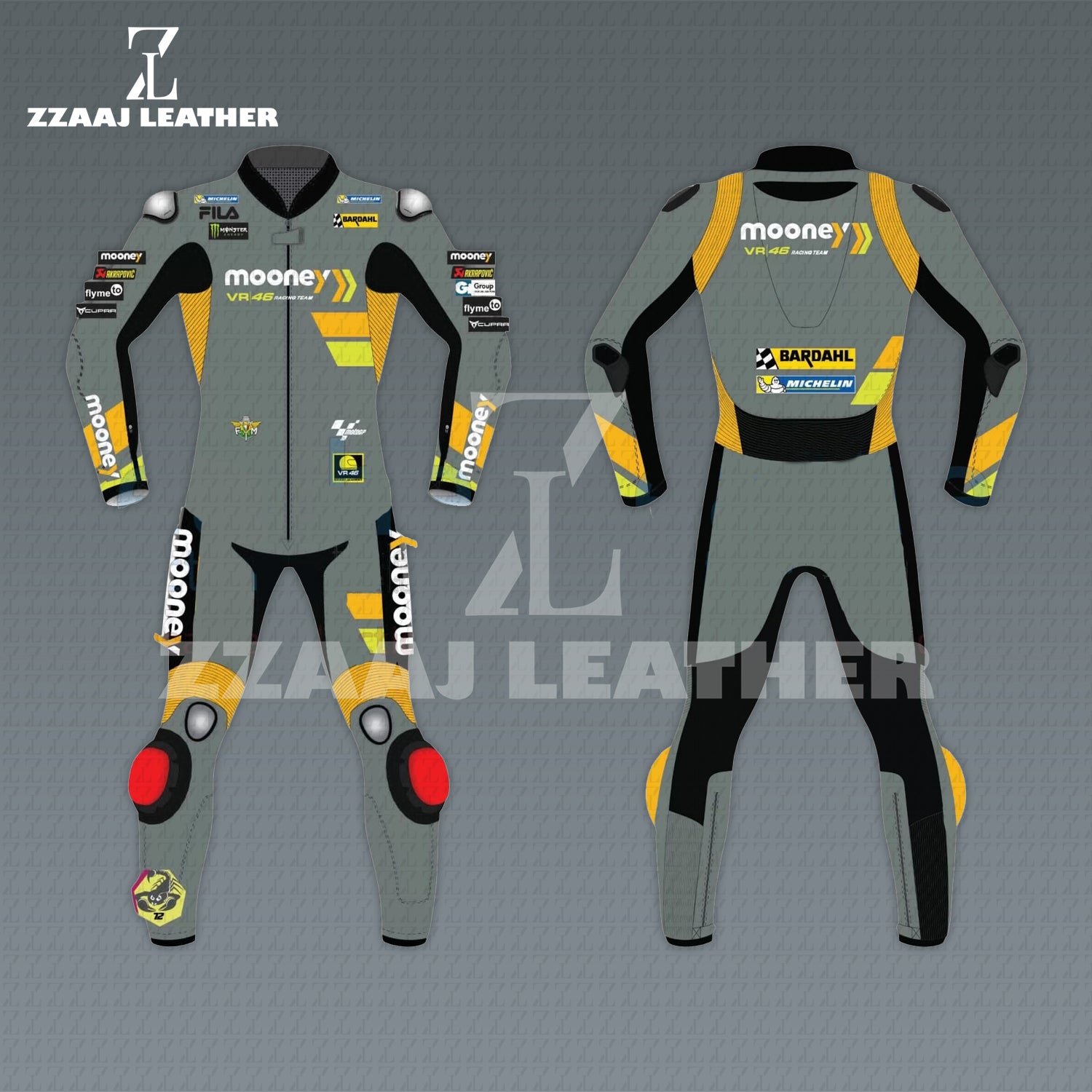 Mooney VR46 MotoGP Racing Suit – grey yellow cowhide CE-approved leather racing gear by ZZAAJ Leather