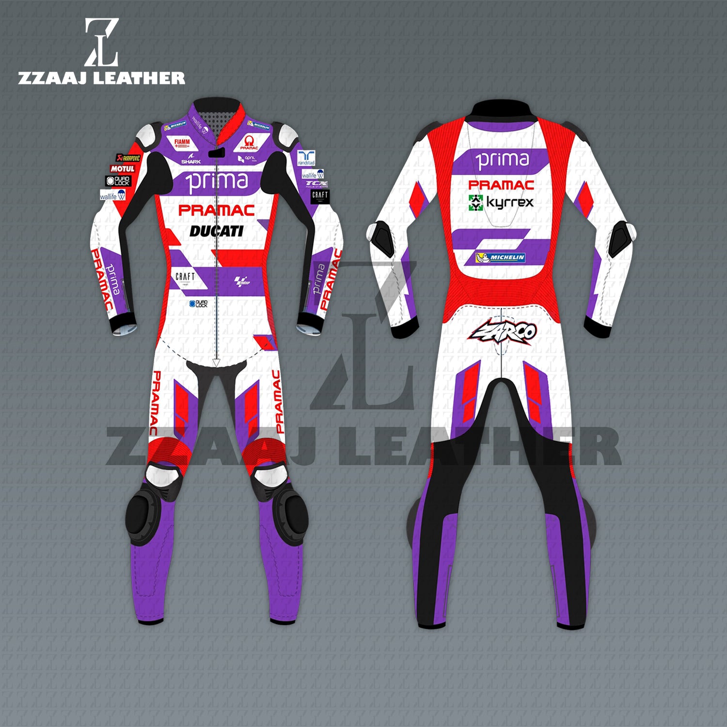 Pramac Ducati Zarco Edition Leather Racing Suit – white red purple cowhide CE-approved MotoGP gear by ZZAAJ Leather