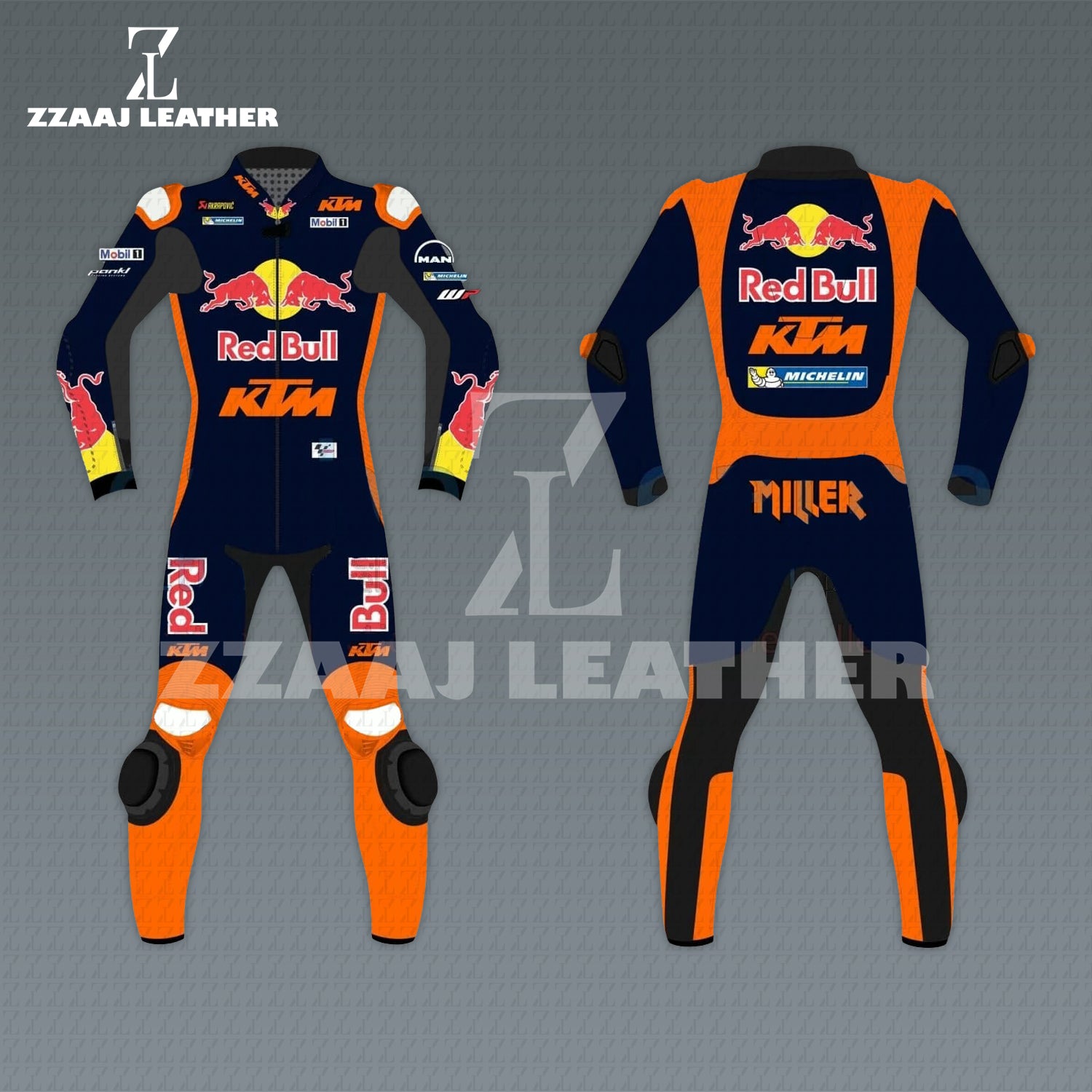 Red Bull KTM MotoGP Racing Suit – Jack Miller Edition orange blue leather motorbike gear by ZZAAJ Leather
