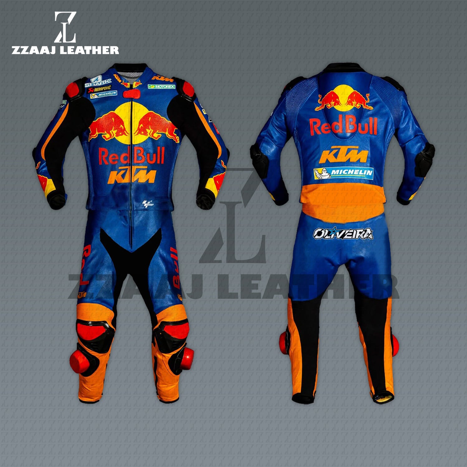 Red Bull KTM Racing Suit – blue orange cowhide CE-approved MotoGP one-piece gear by ZZAAJ Leather