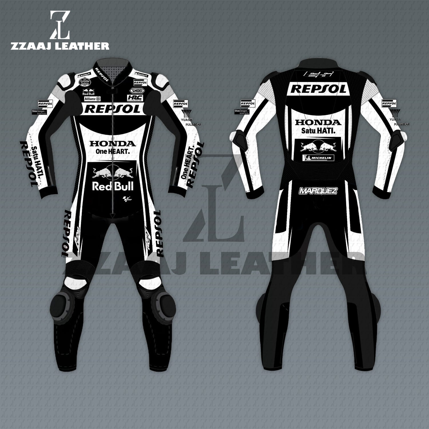 Repsol Honda Marquez MotoGP Racing Suit Black and White Edition – CE-approved leather race gear by ZZAAJ Leather