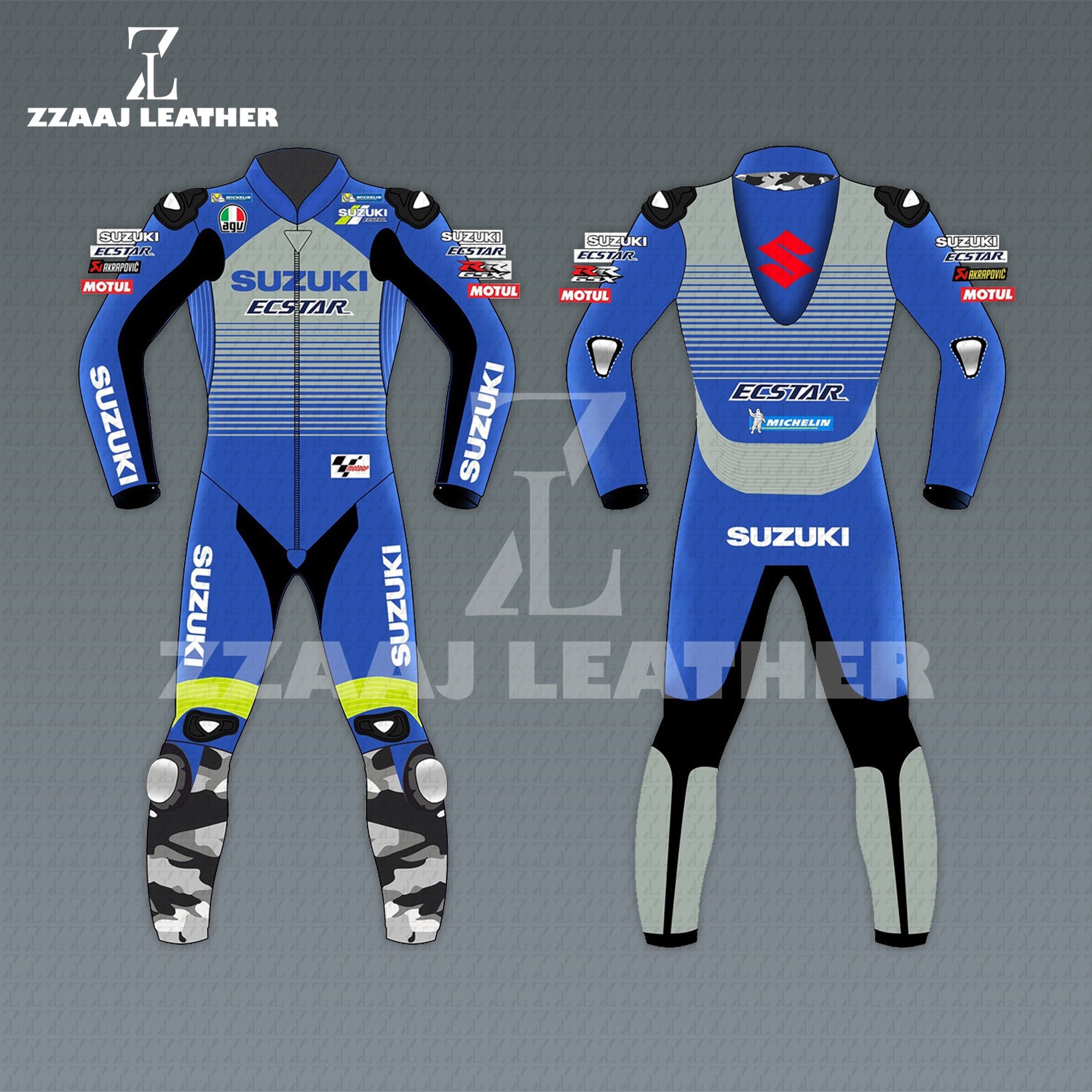 Suzuki Ecstar Blue Camo Racing Suit – MotoGP Leather Suit by ZZAAJ Leather