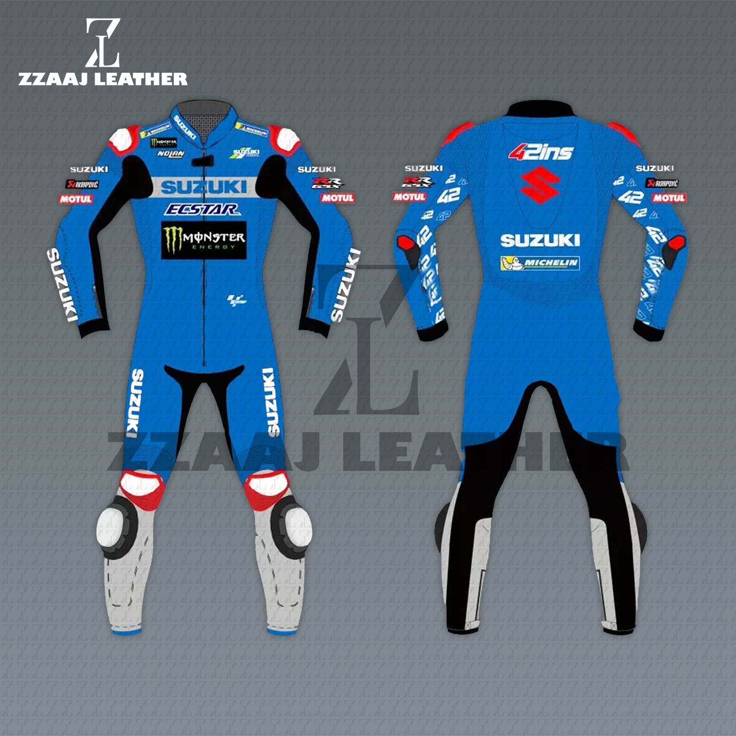 Suzuki Ecstar Monster Racing Suit – blue white black cowhide CE-approved MotoGP one-piece gear by ZZAAJ Leather
