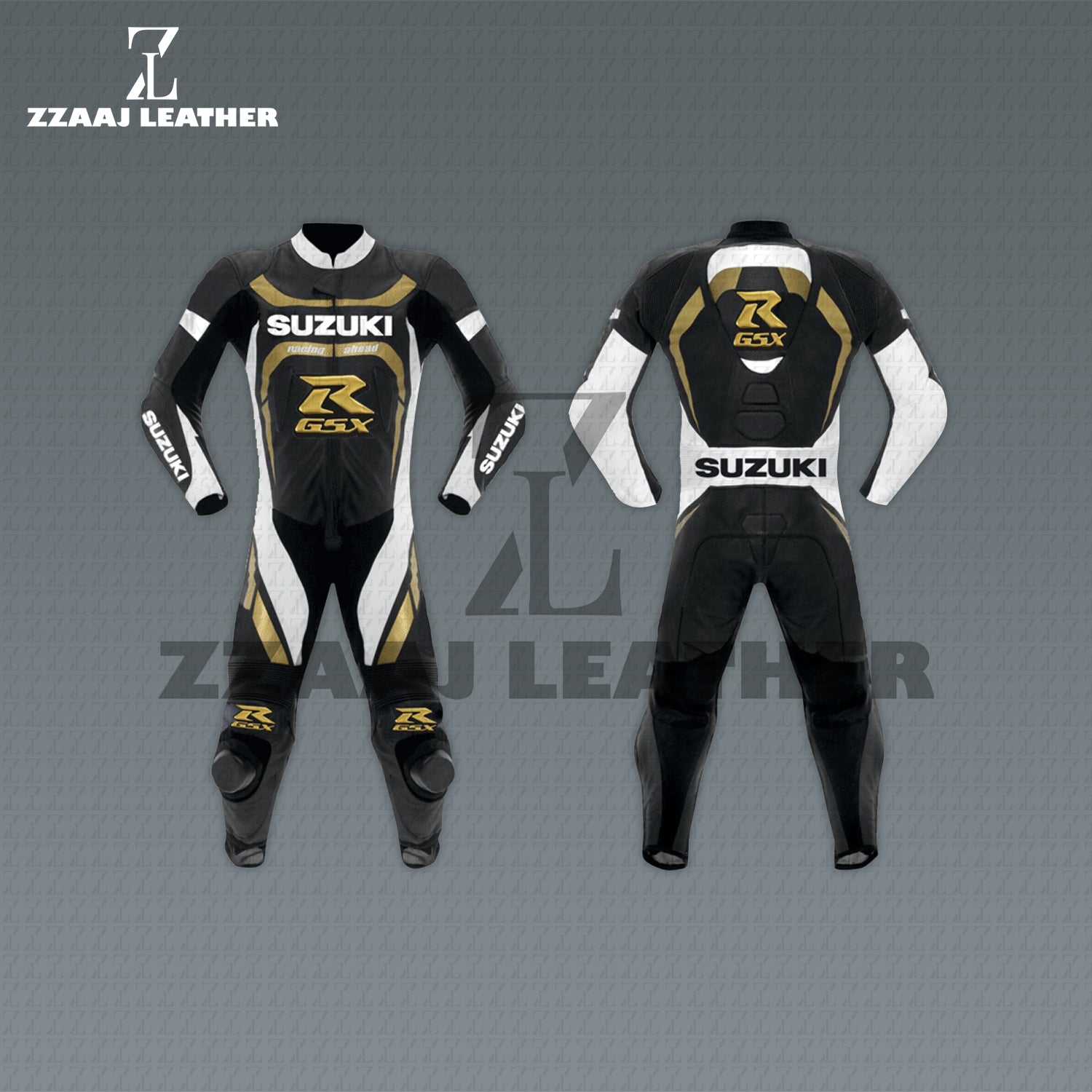 Suzuki GSX-R Racing Suit Black Gold Edition – MotoGP Leather Suit by ZZAAJ Leather