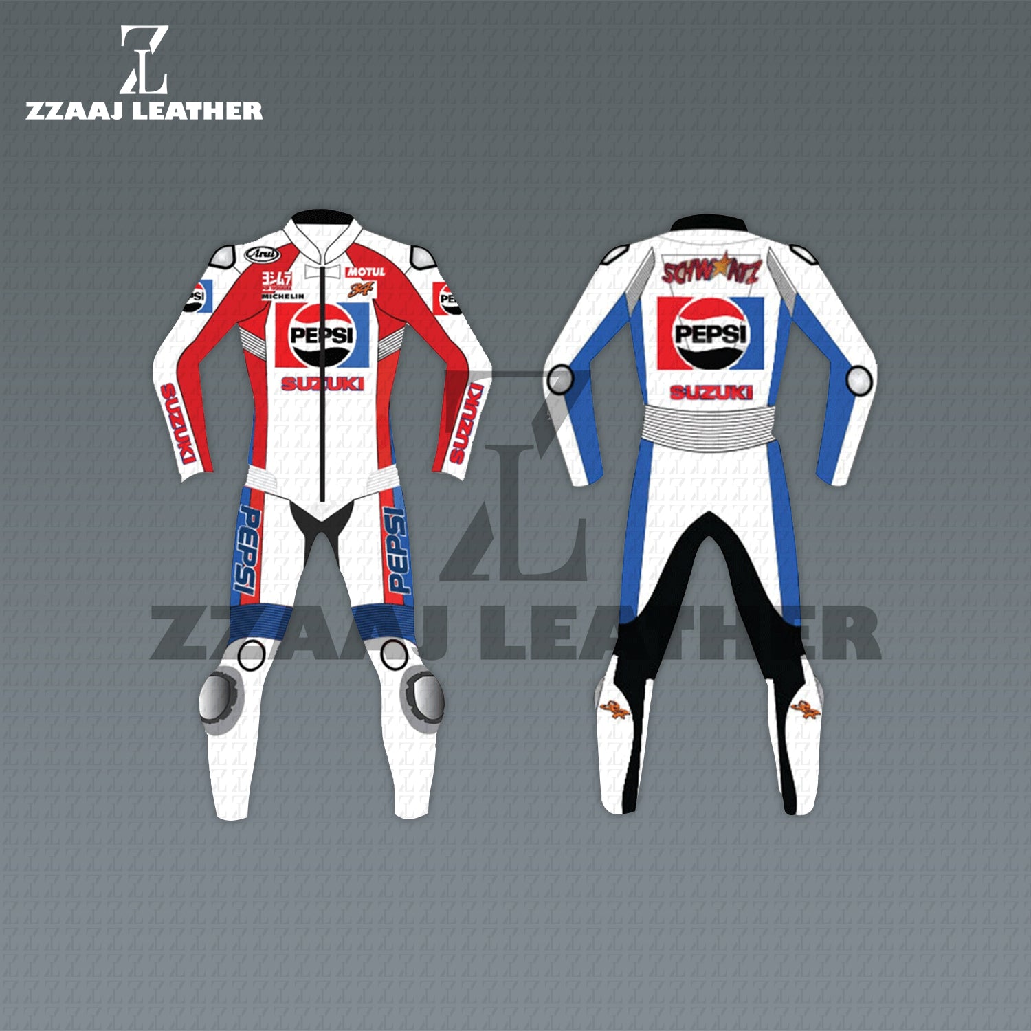 Suzuki Pepsi Racing Suit – Kevin Schwantz Edition MotoGP Leather Suit by ZZAAJ Leather