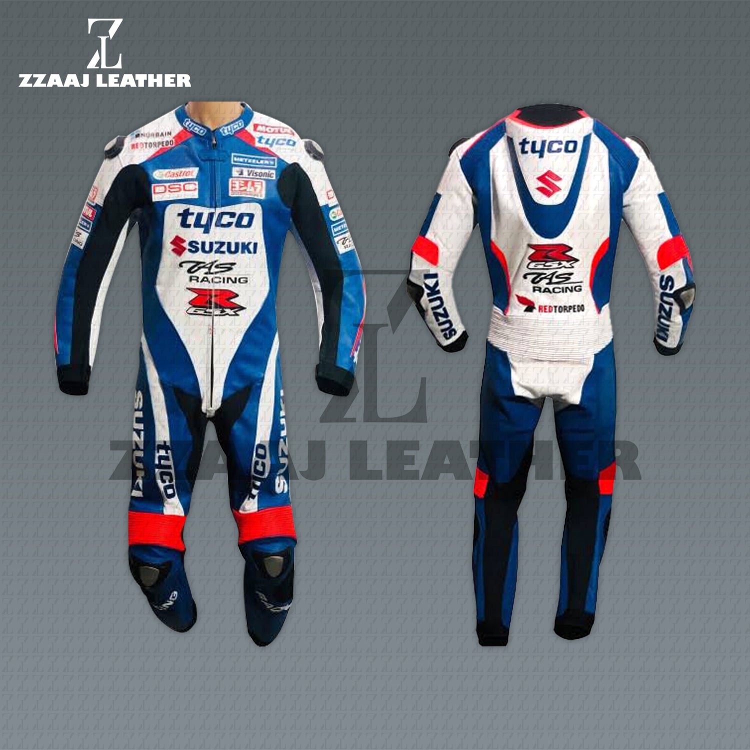 Suzuki Tyco GSX-R Leather Racing Suit – blue white red cowhide CE-approved MotoGP one-piece gear by ZZAAJ Leather