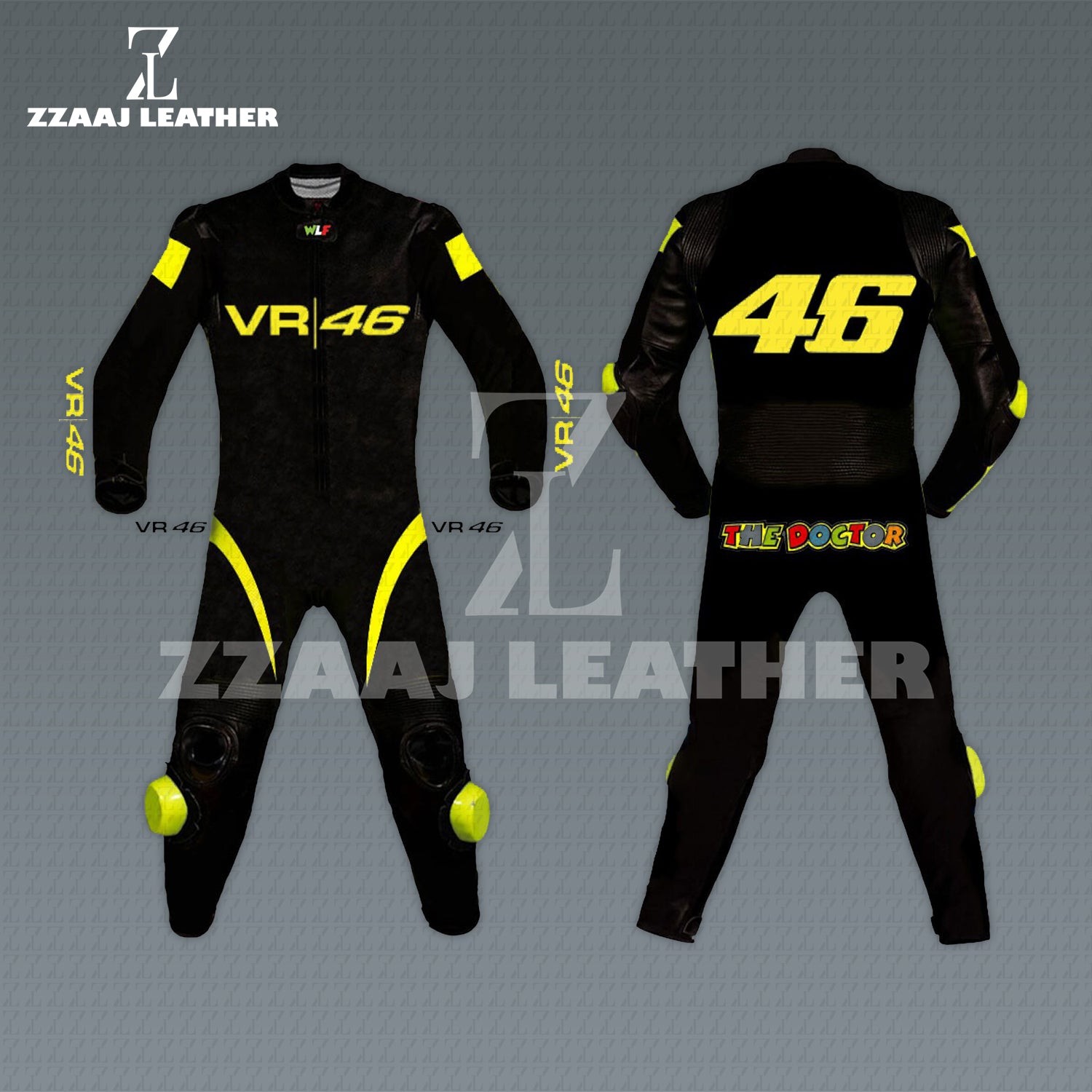 VR46 The Doctor Racing Suit – black neon yellow cowhide CE-approved MotoGP leather gear by ZZAAJ Leather