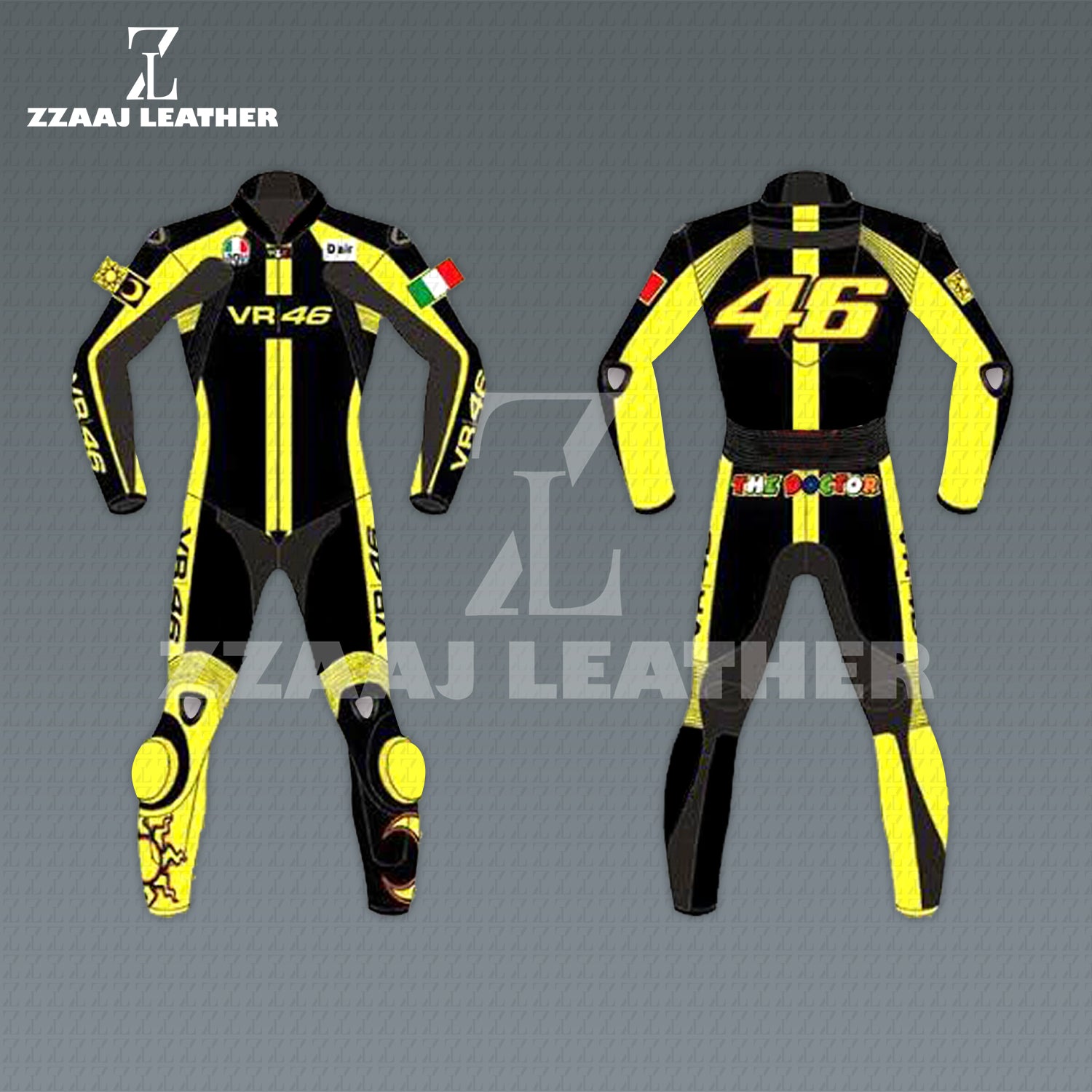 VR46 The Doctor Yellow Black Racing Suit – Valentino Rossi MotoGP Leather Suit by ZZAAJ Leather