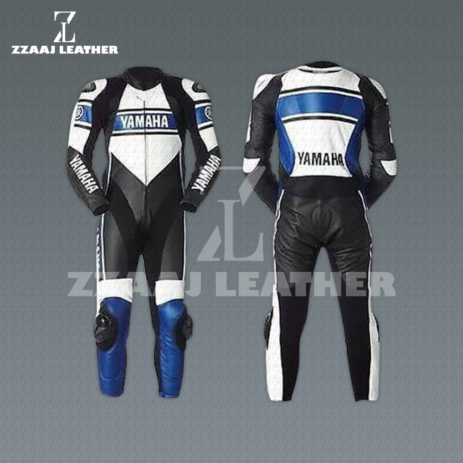 Yamaha Classic Black White Blue Racing Suit – MotoGP Leather Suit by ZZAAJ Leather