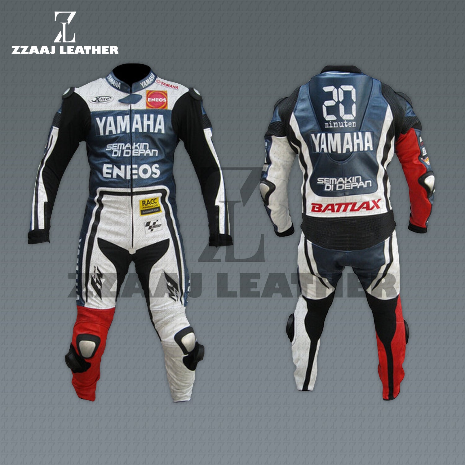 Yamaha ENEOS MotoGP 20 Minuten Edition Racing Suit – Blue White Red Leather Motorbike Suit by ZZAAJ Leather