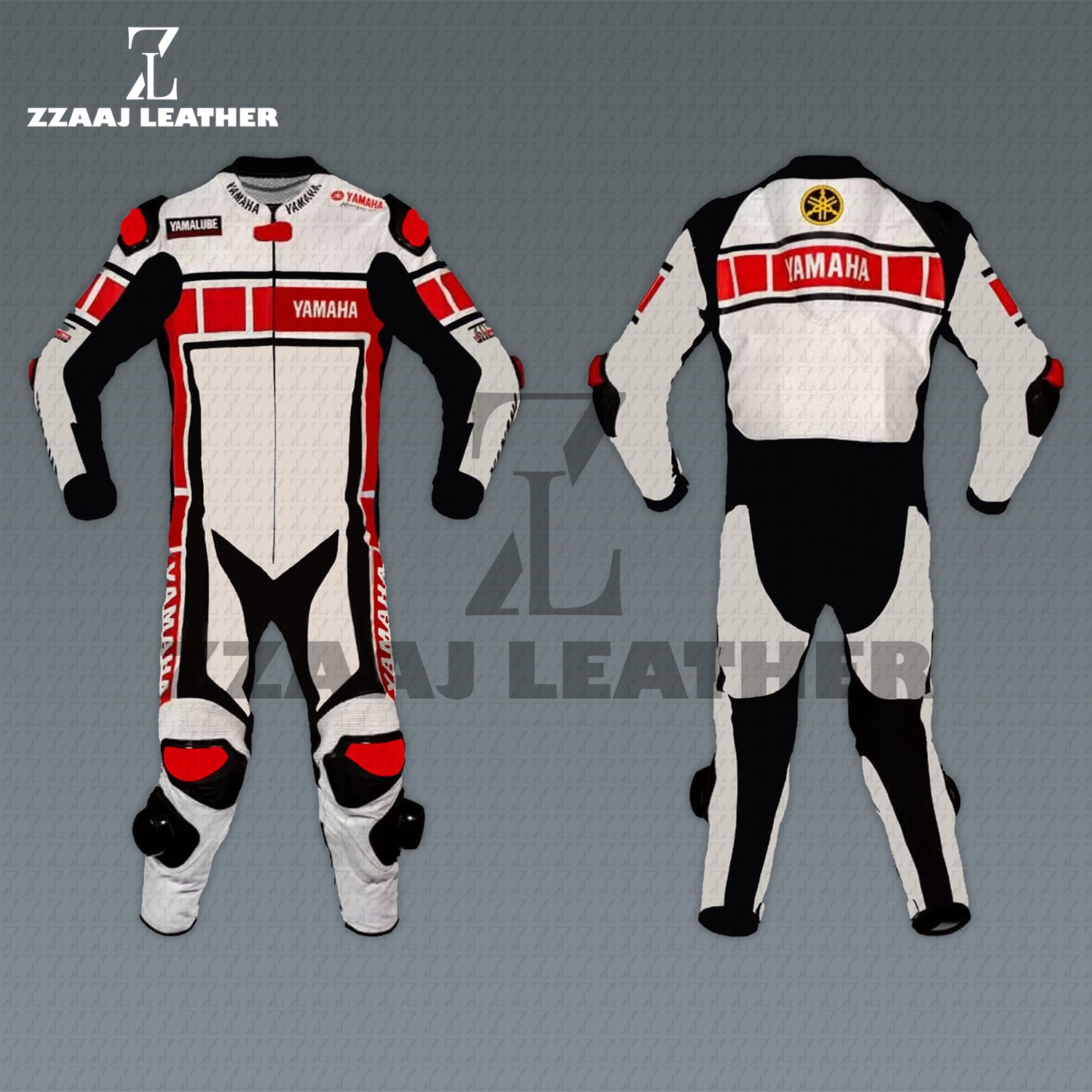 Yamaha Heritage Racing Suit – white red black cowhide CE-approved MotoGP one-piece leather gear by ZZAAJ Leather