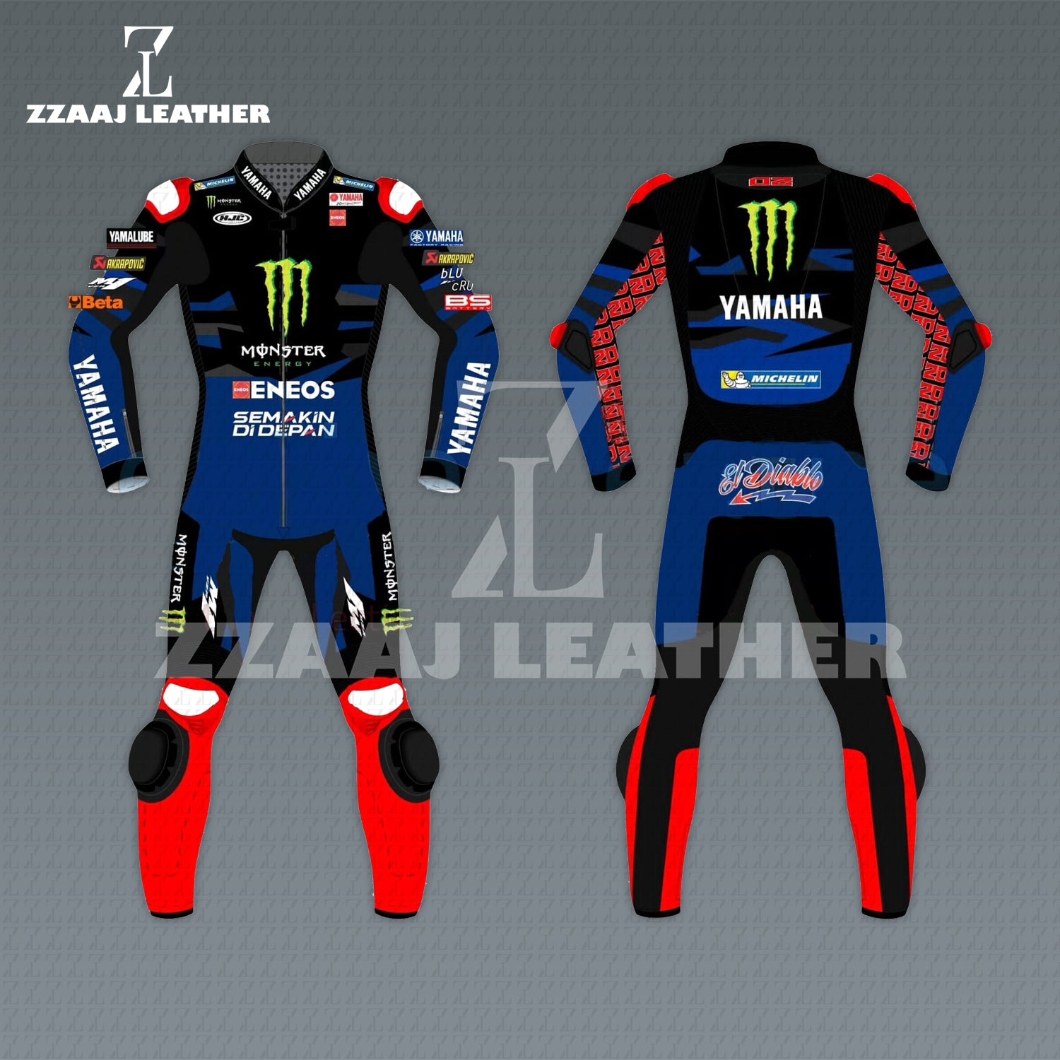 Yamaha Monster El Diablo MotoGP Racing Suit – blue black red cowhide CE-approved MotoGP leather gear by ZZAAJ Leather