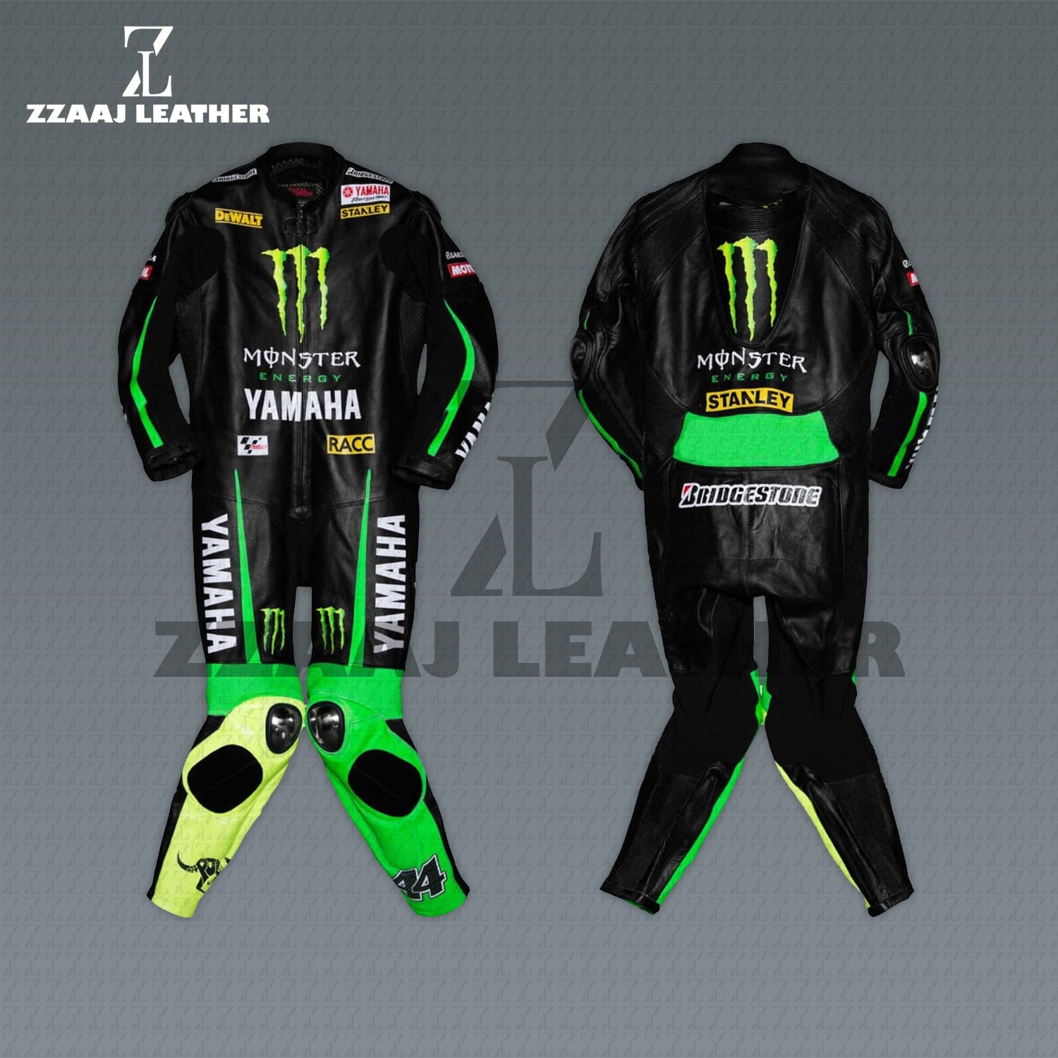 Yamaha Monster Energy Racing Suit – black green cowhide CE-approved MotoGP one-piece leather suit by ZZAAJ Leather