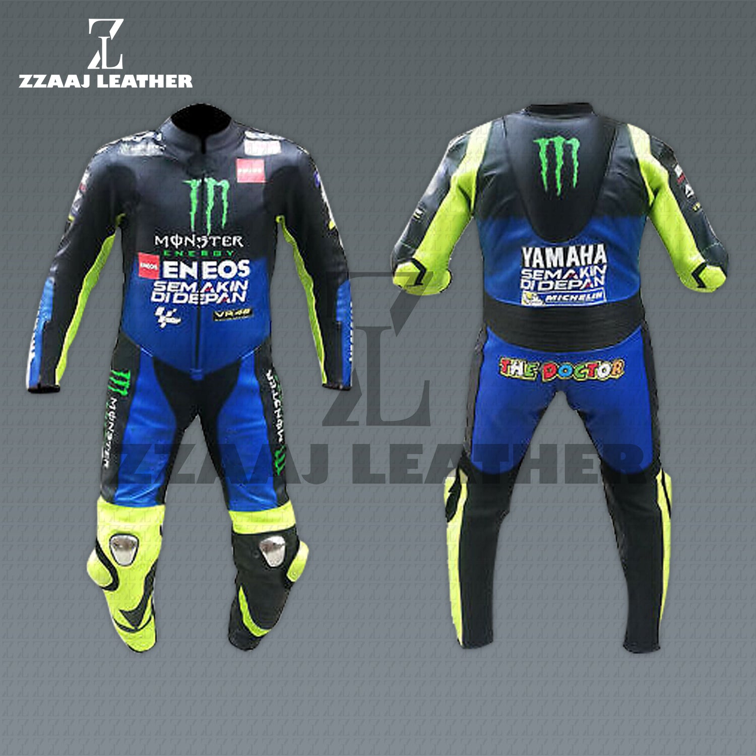 Yamaha Monster Energy The Doctor Racing Suit – blue yellow cowhide CE-approved MotoGP one-piece gear by ZZAAJ Leather