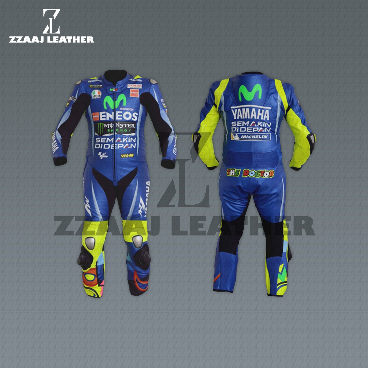 Yamaha Movistar ENEOS VR46 The Doctor Edition Racing Suit – MotoGP Leather Suit by ZZAAJ Leather