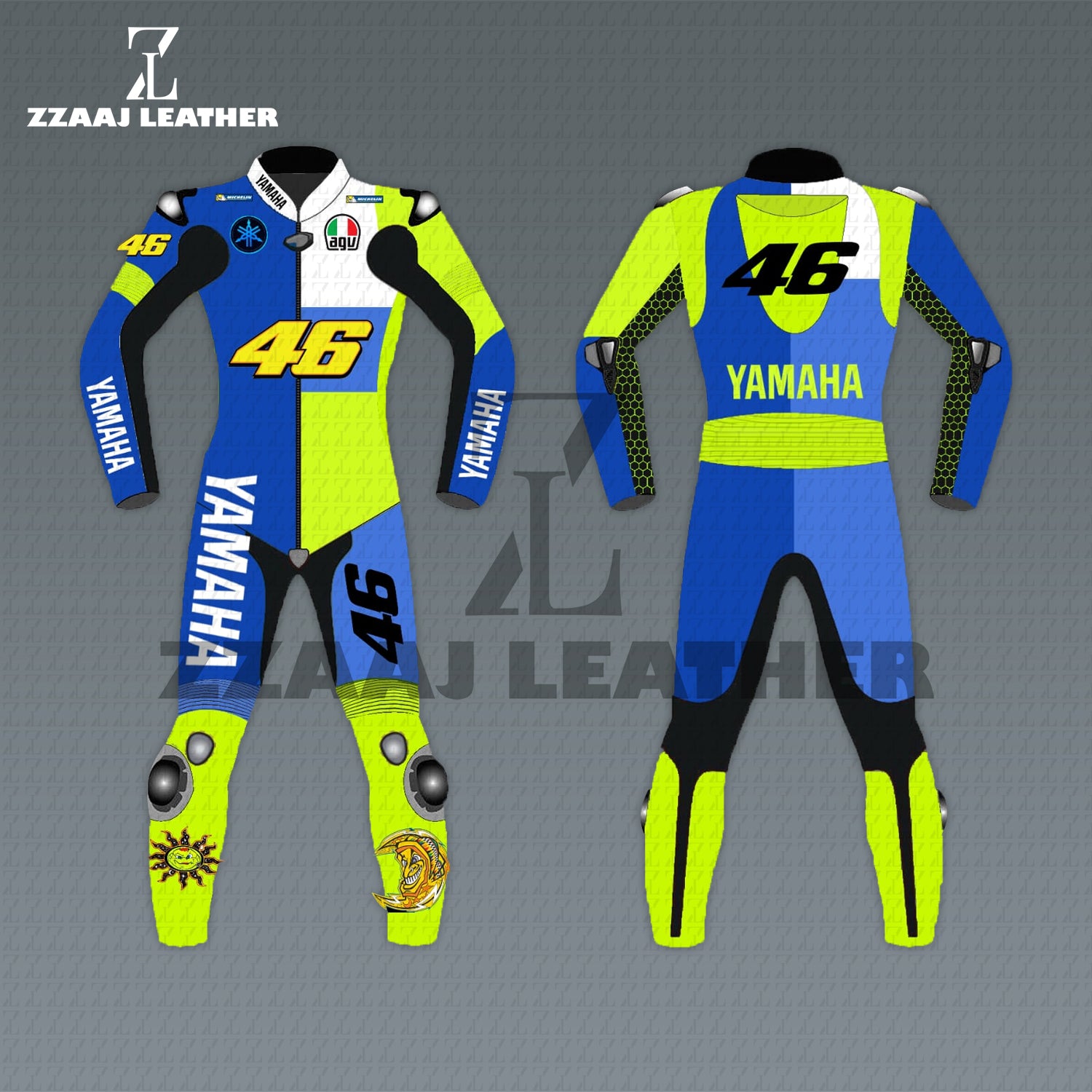 Yamaha VR46 Rossi MotoGP Racing Suit – blue yellow cowhide CE-approved leather racing gear by ZZAAJ Leather